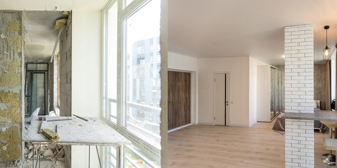 distressed property on one side and a fully renovated property
